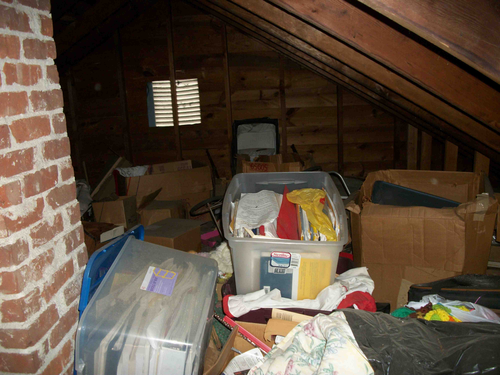 attic filled with containers